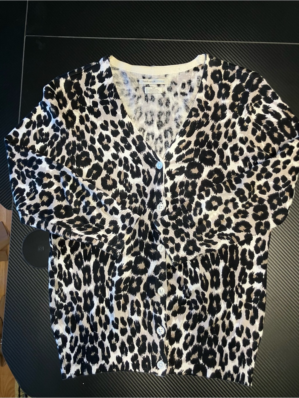 Van Heusen Black and White Cotton  Leopard Knit Cardigan